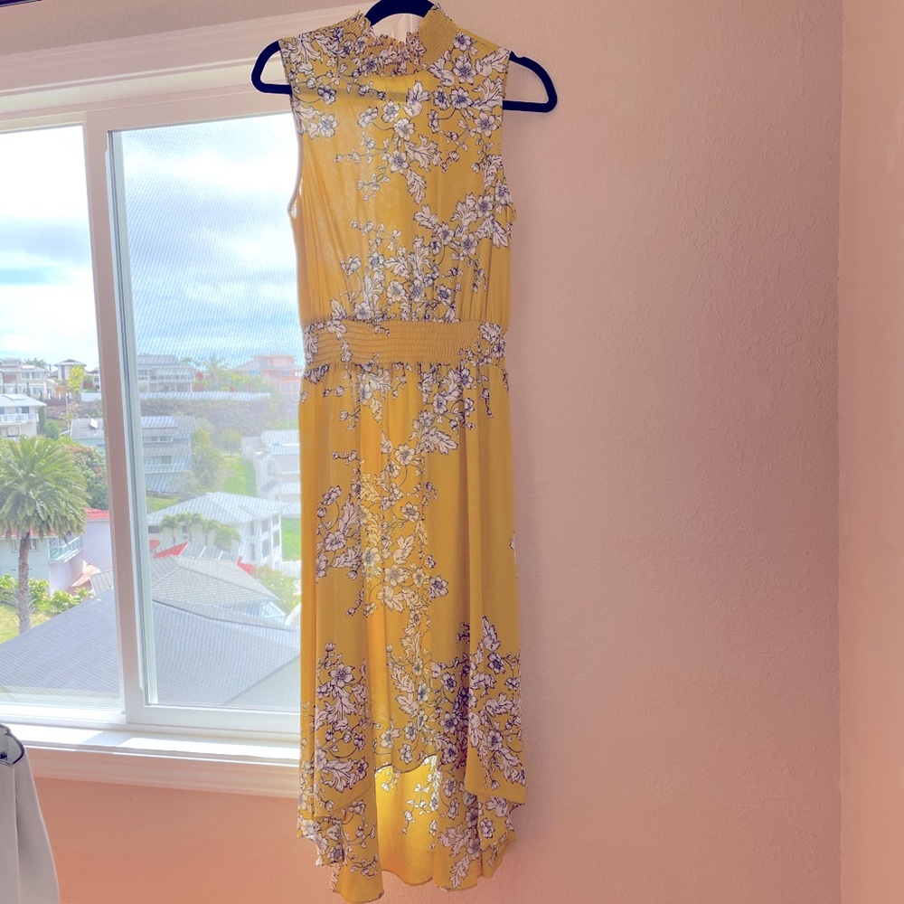 Mustard Yellow Floral Chiffon Dress, Sz 8